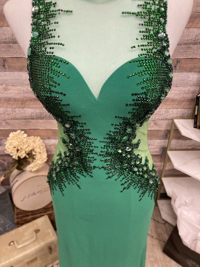 Madison James Beaded Green Evening Gown