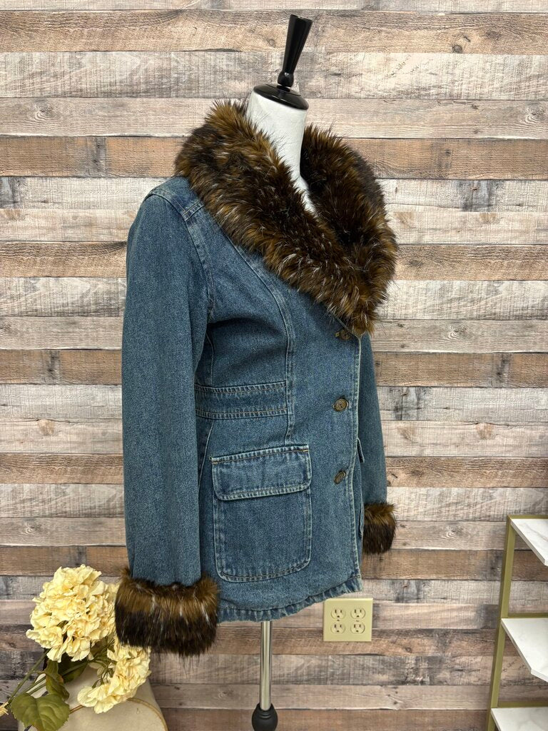 Giacca Gallery & Comp Denim Blazer Faux Fur Trim