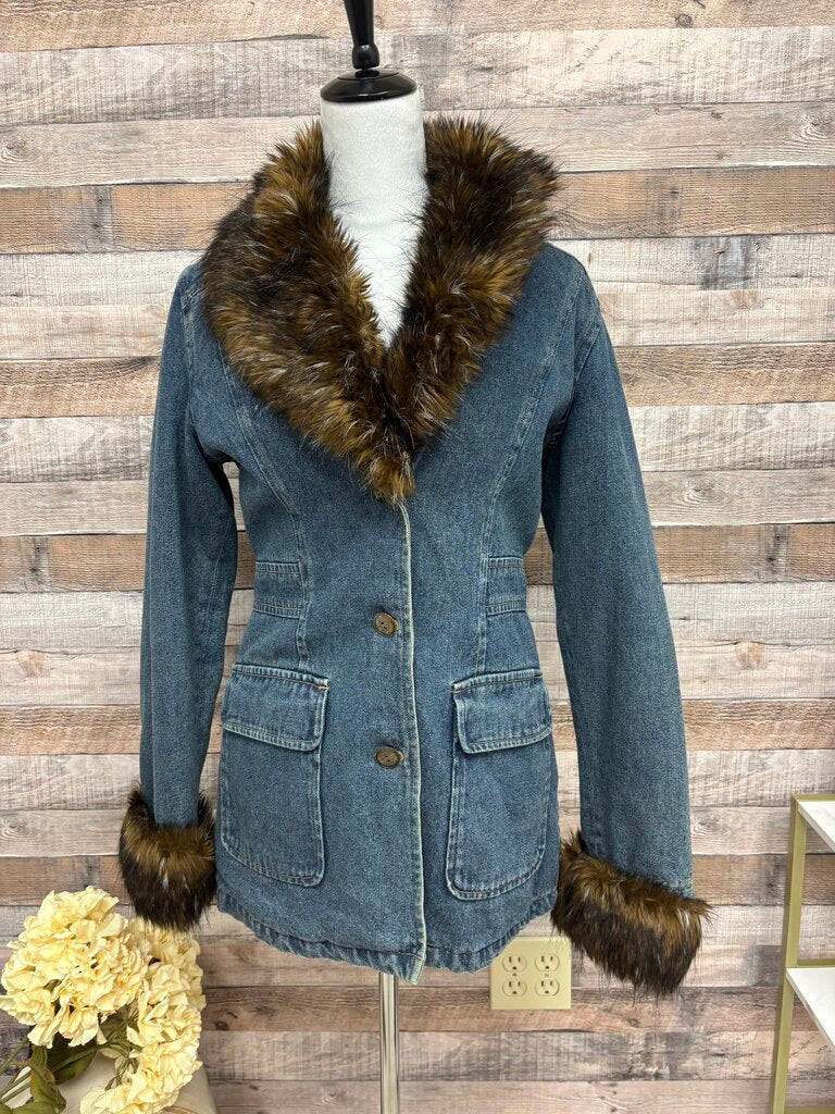 Giacca Gallery & Comp Denim Blazer Faux Fur Trim