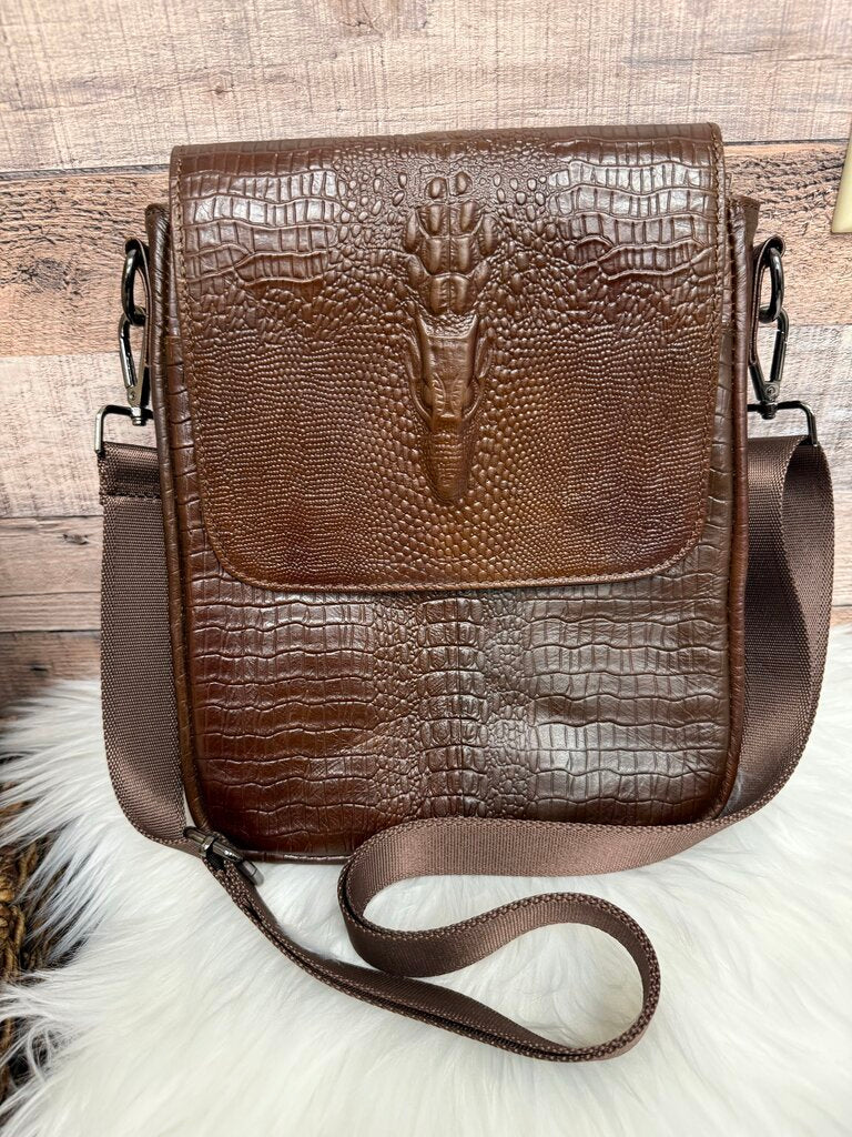 Crocodile Embossed Leather Crossbody Messenger Bag