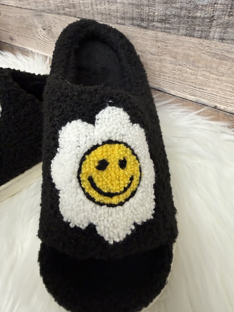 Smiley Face Flower Black Fuzzy Slippers