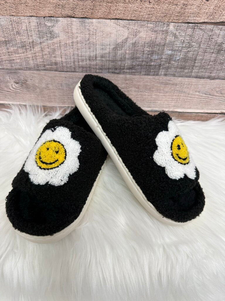 Smiley Face Flower Black Fuzzy Slippers