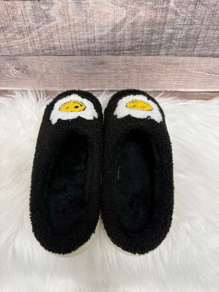 Smiley Face Flower Black Fuzzy Slippers