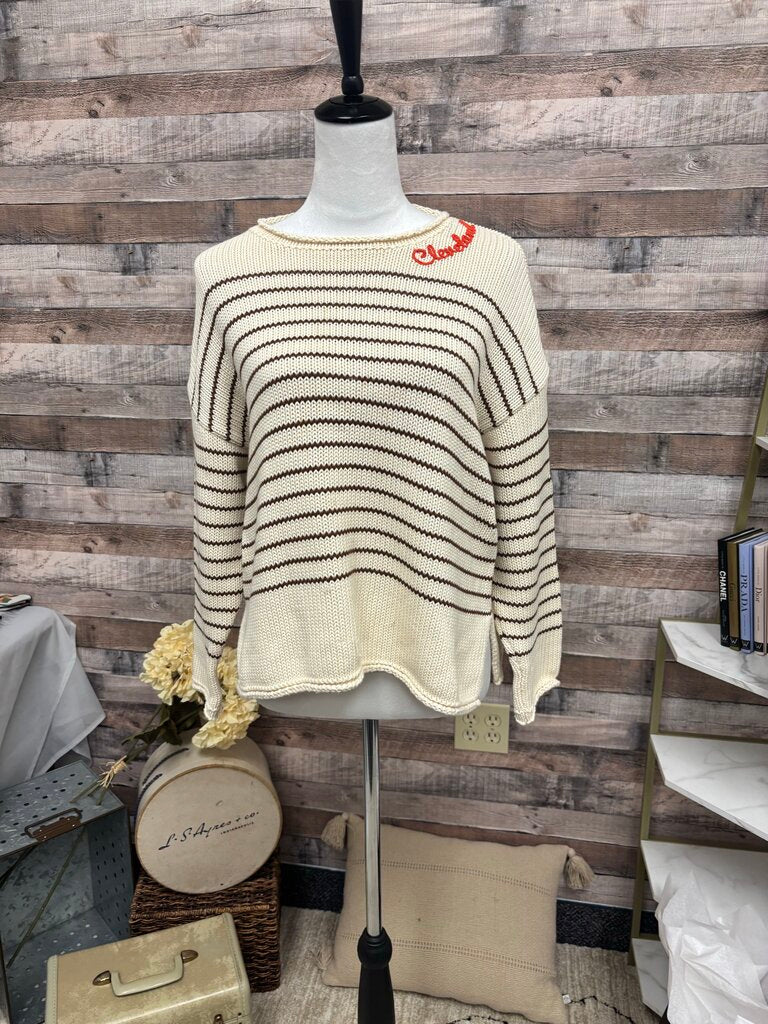 Pink Pineapple Brown Stripe Rollneck Embroidered Cleveland Sweater in Ivory