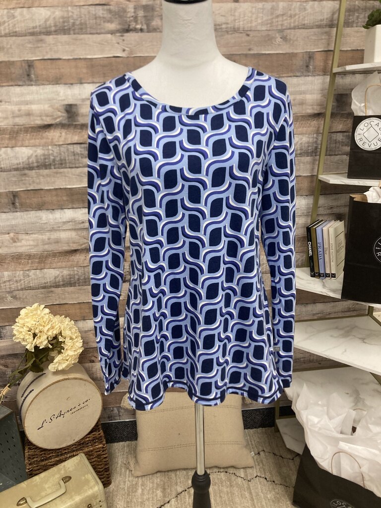 Talbots Navy & White Wavy Geometric Print Lg Sl