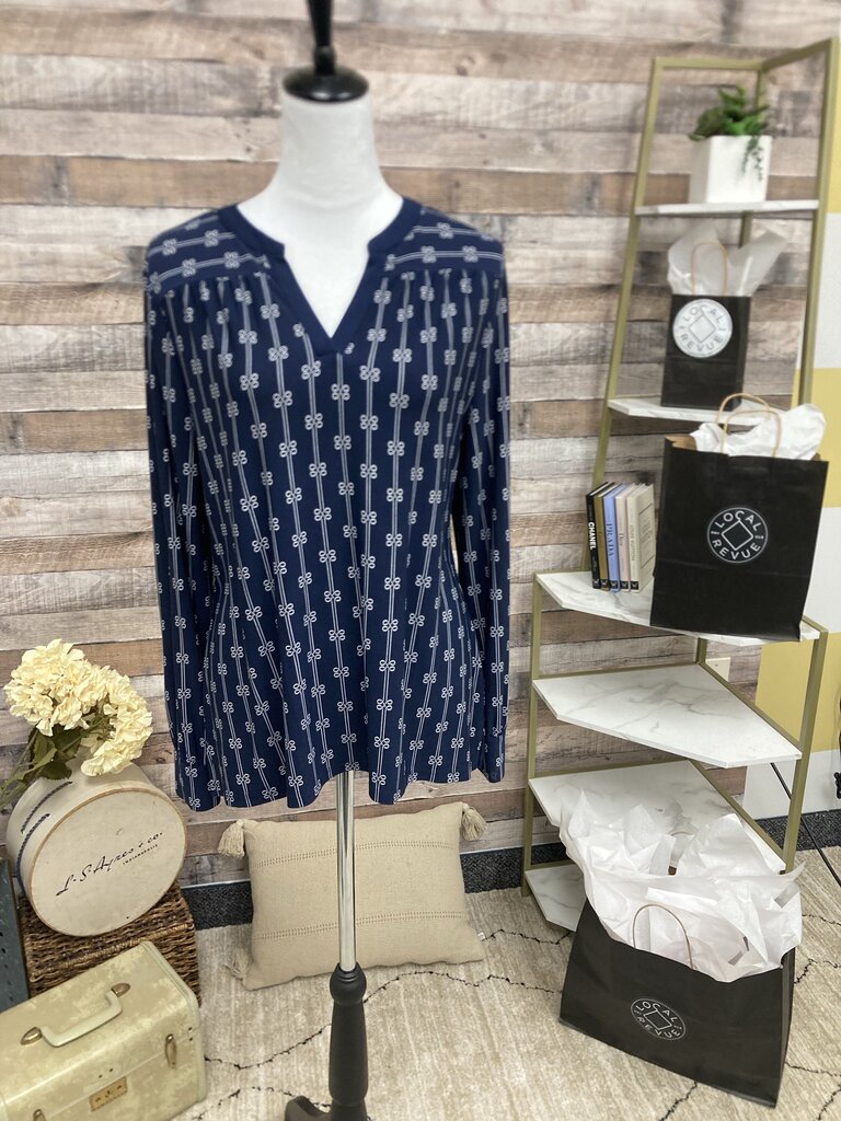 Charter Club Navy & White Print Split Neck