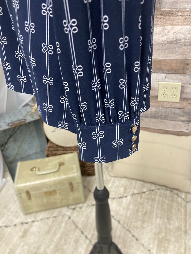 Charter Club Navy & White Print Split Neck