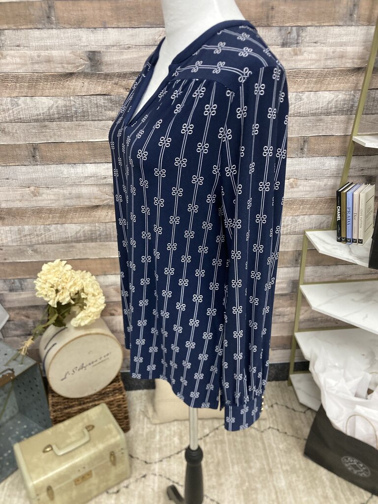 Charter Club Navy & White Print Split Neck
