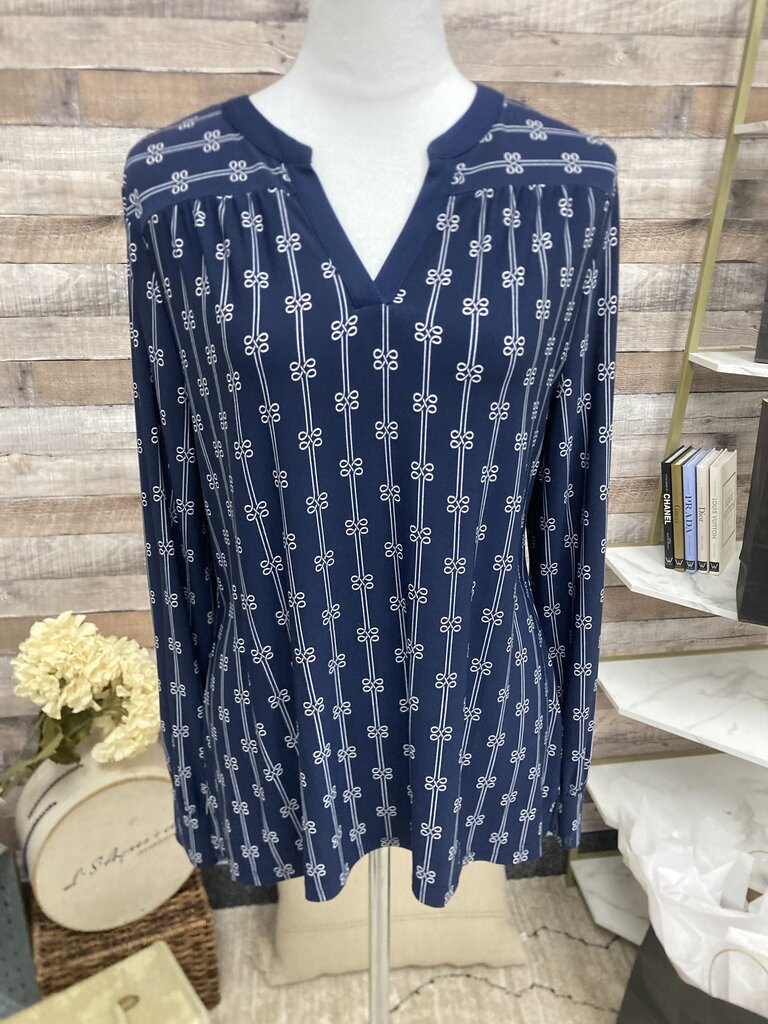 Charter Club Navy & White Print Split Neck