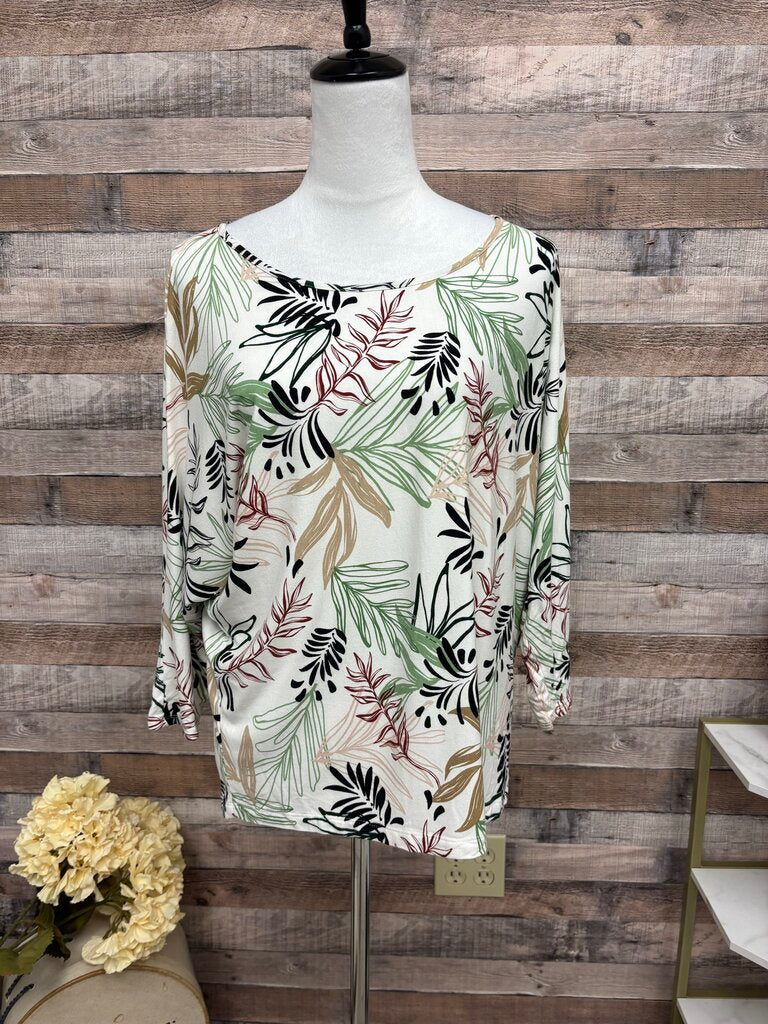 Chico's Tropical Leaf Print Quarter Sleeve Top