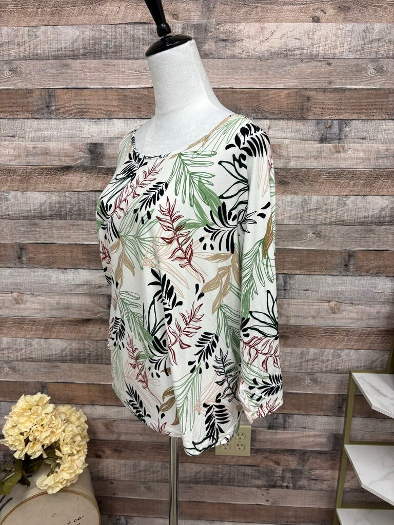 Chico's Tropical Leaf Print Quarter Sleeve Top