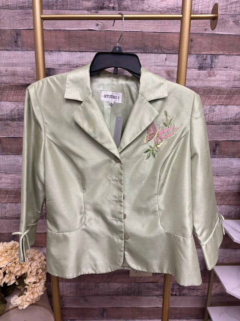 Studio I Green Embroidered Floral Silk Blazer