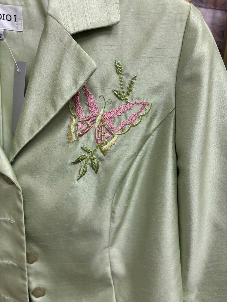 Studio I Green Embroidered Floral Silk Blazer