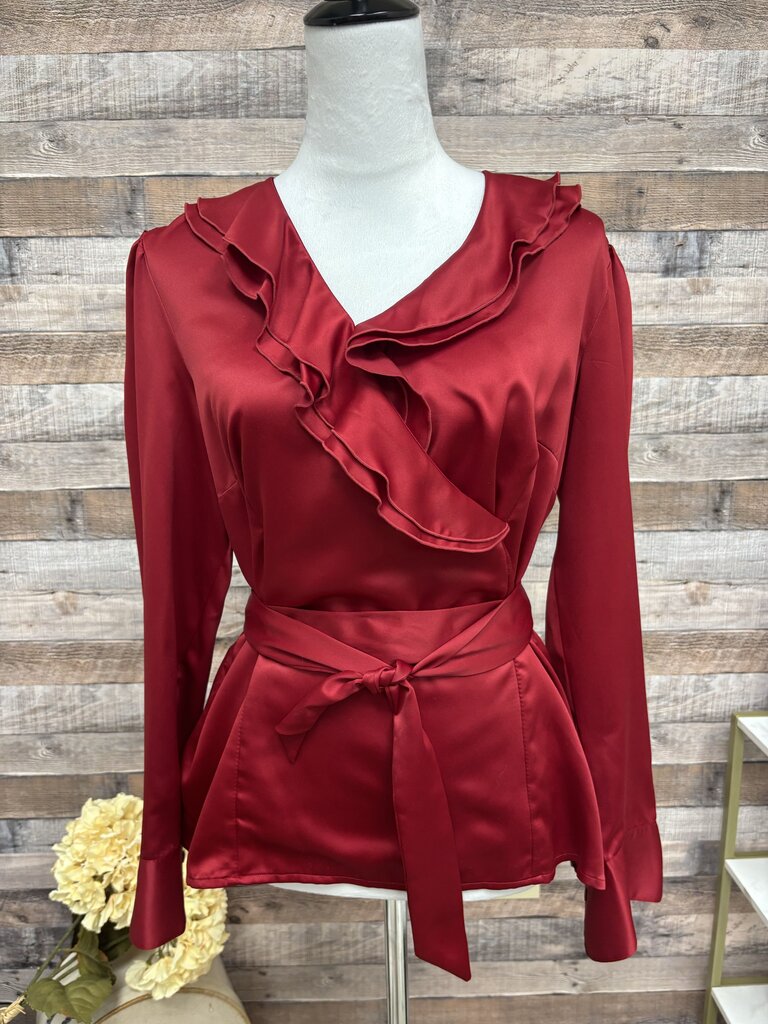 East 5th Red Ruffled V-Neck Long Sleeve Wrap Tie Blouse