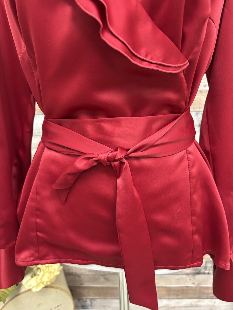 East 5th Red Ruffled V-Neck Long Sleeve Wrap Tie Blouse