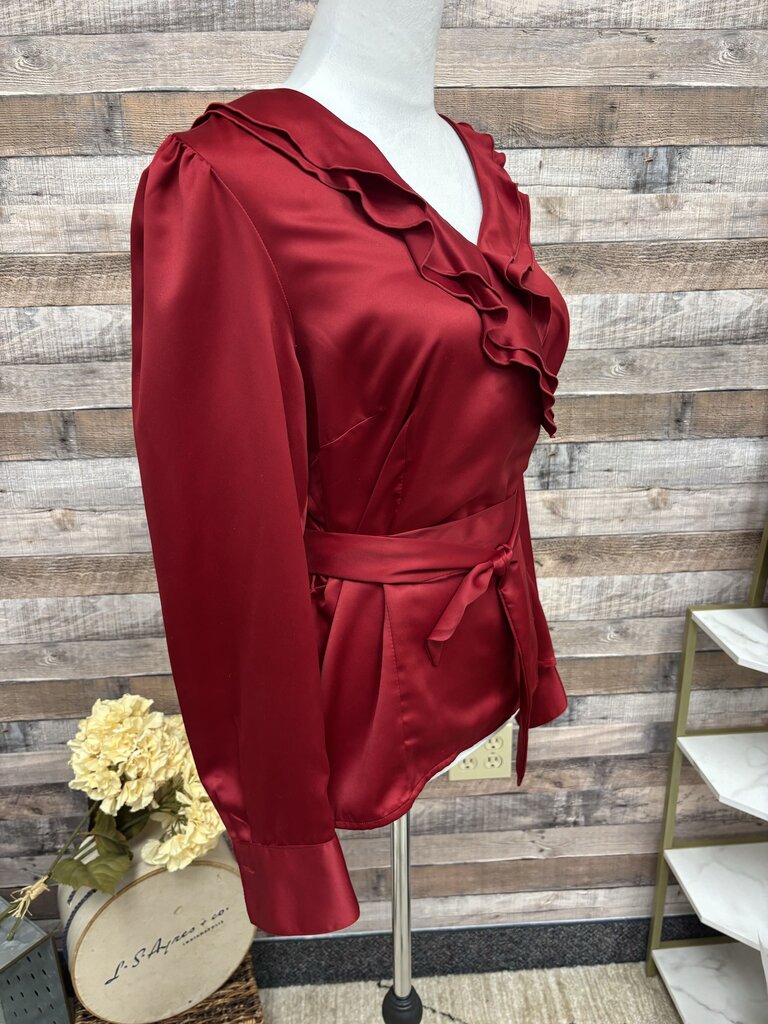 East 5th Red Ruffled V-Neck Long Sleeve Wrap Tie Blouse