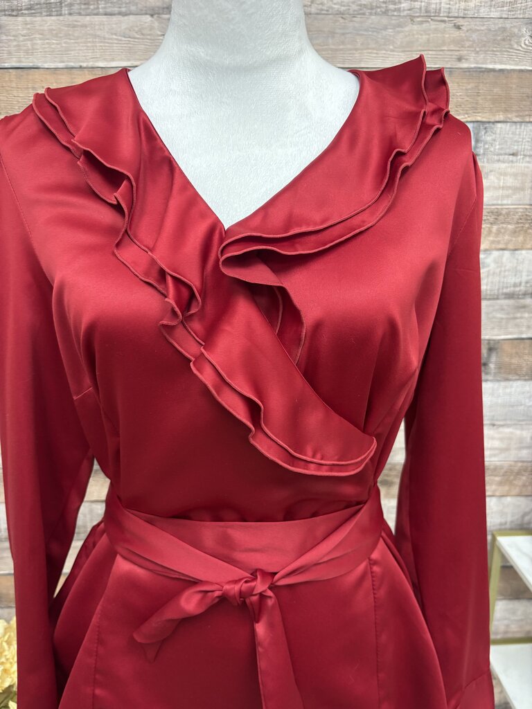 East 5th Red Ruffled V-Neck Long Sleeve Wrap Tie Blouse