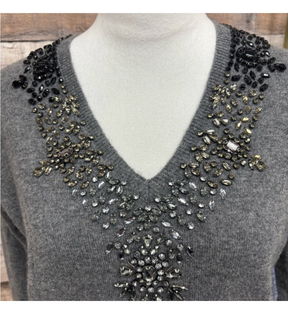 Neiman Marcus Grey 100% Cashmere Embellished V-Neck Sweater