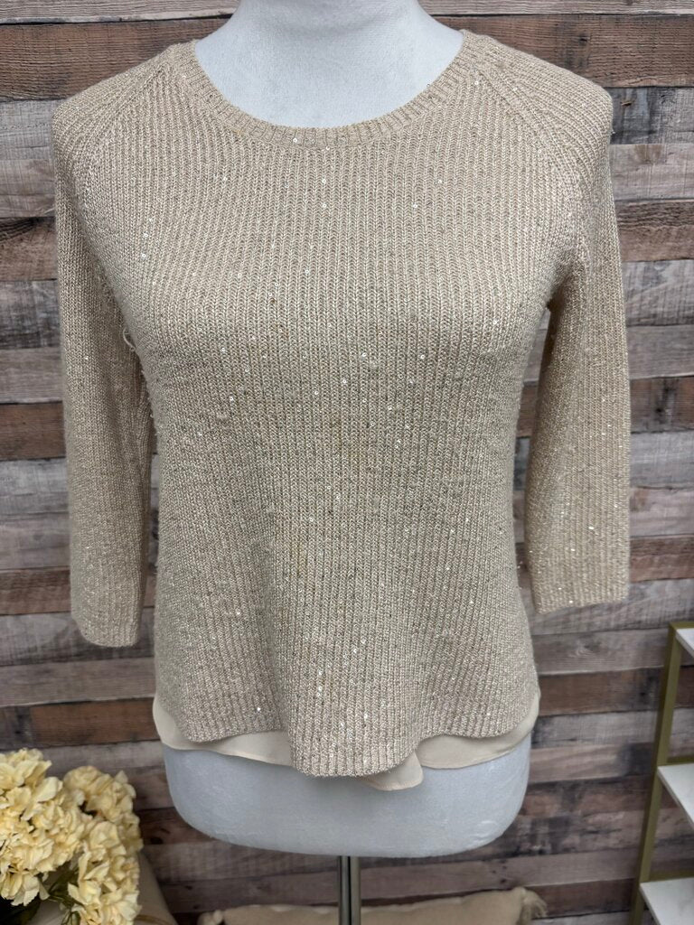 Neiman Marcus Tan Sequined Knit Cashmere 3/4 Sleeve Top with Silk Trim