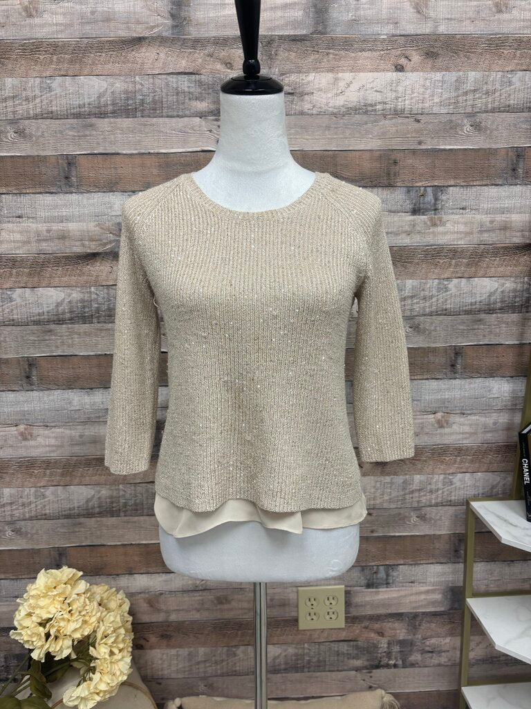 Neiman Marcus Tan Sequined Knit Cashmere 3/4 Sleeve Top with Silk Trim