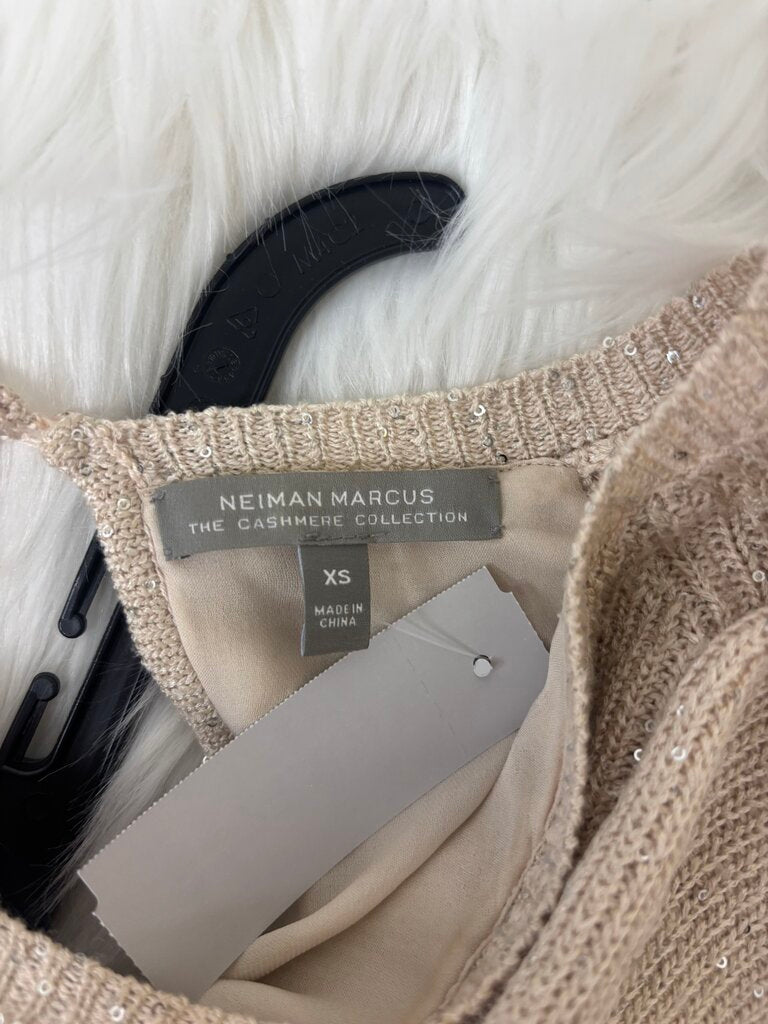 Neiman Marcus Tan Sequined Knit Cashmere 3/4 Sleeve Top with Silk Trim