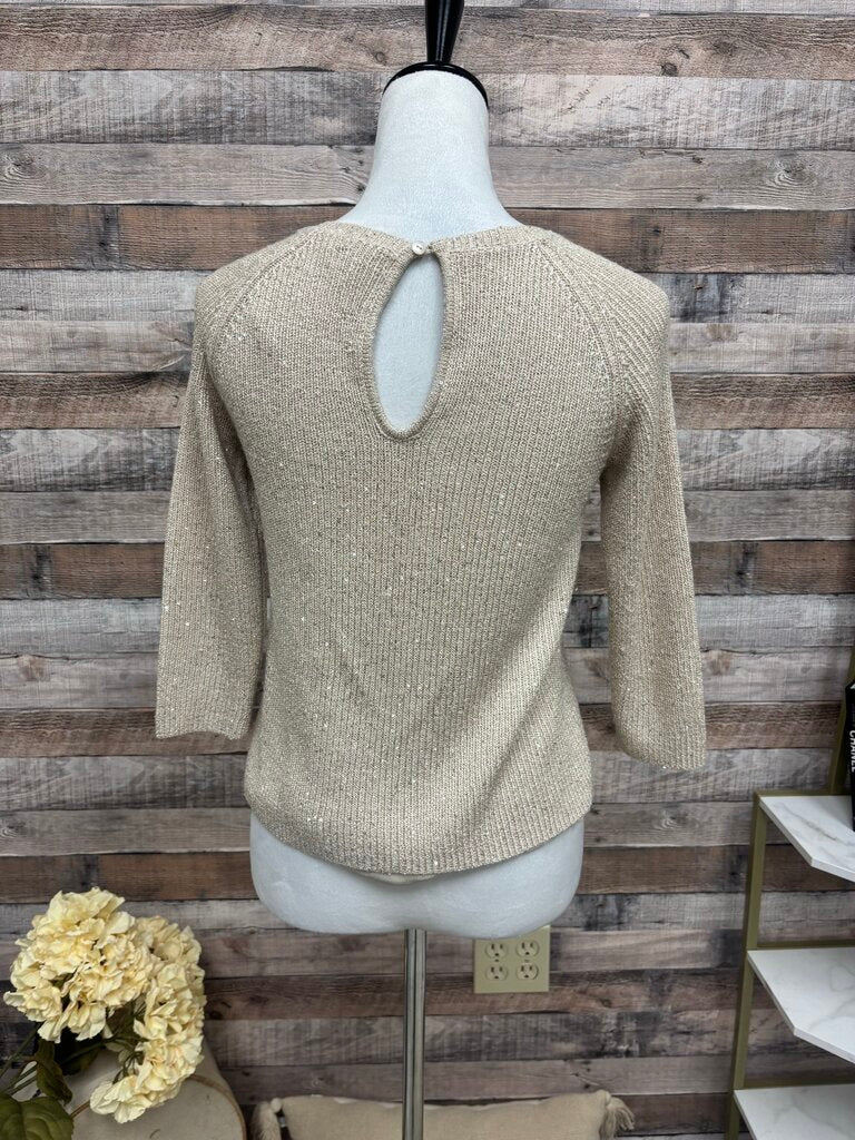 Neiman Marcus Tan Sequined Knit Cashmere 3/4 Sleeve Top with Silk Trim