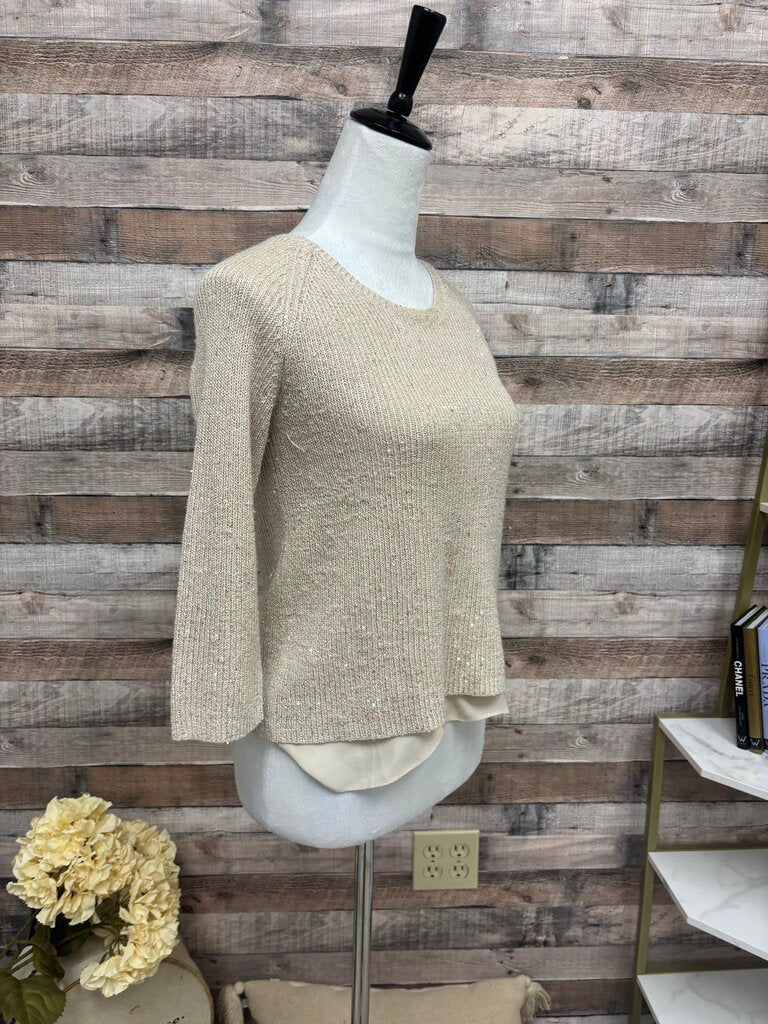 Neiman Marcus Tan Sequined Knit Cashmere 3/4 Sleeve Top with Silk Trim