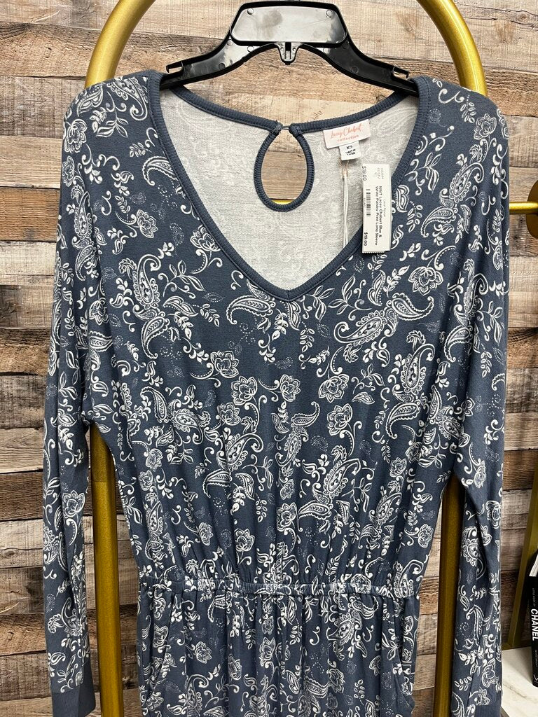 NWT Lacey Chabert Blue & White Paisley Print Long Sleeve Jumpsuit