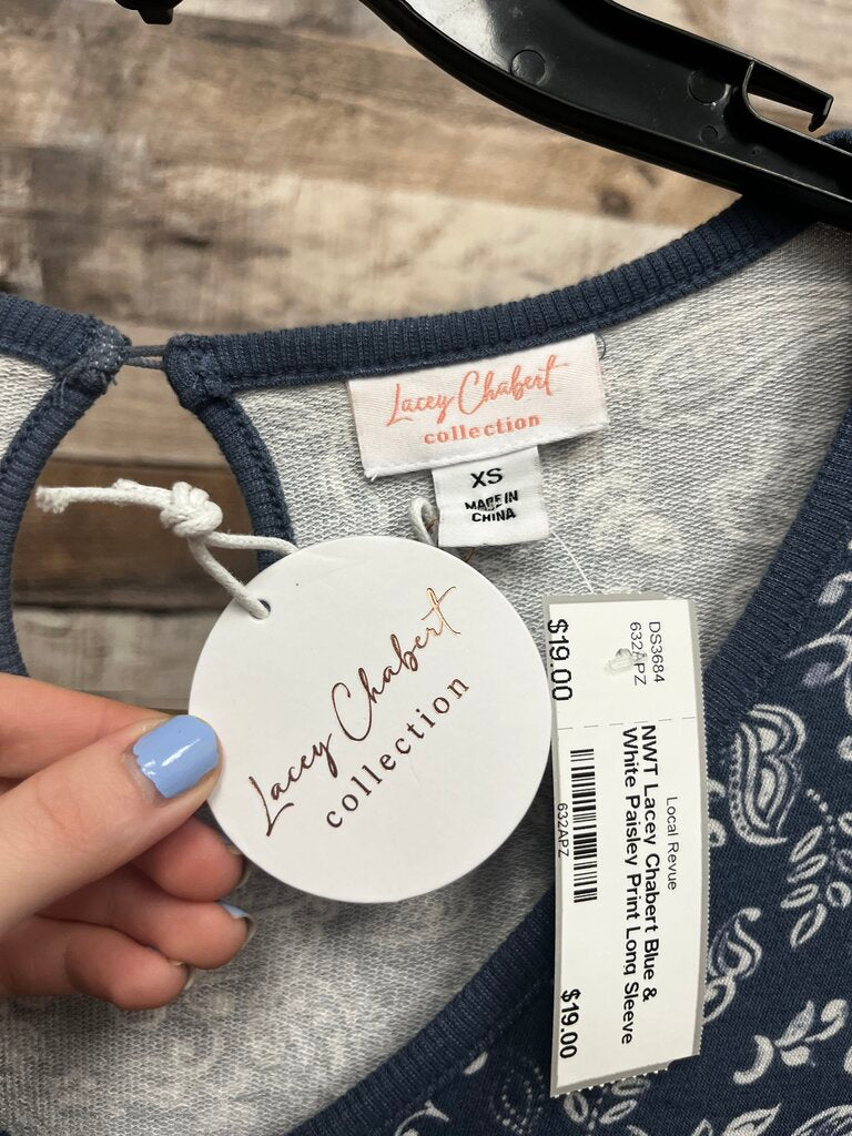 NWT Lacey Chabert Blue & White Paisley Print Long Sleeve Jumpsuit