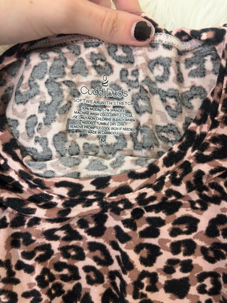 Cuddl Duds Pink Leopard Print Softwear with Stretch Long Sleeve Top