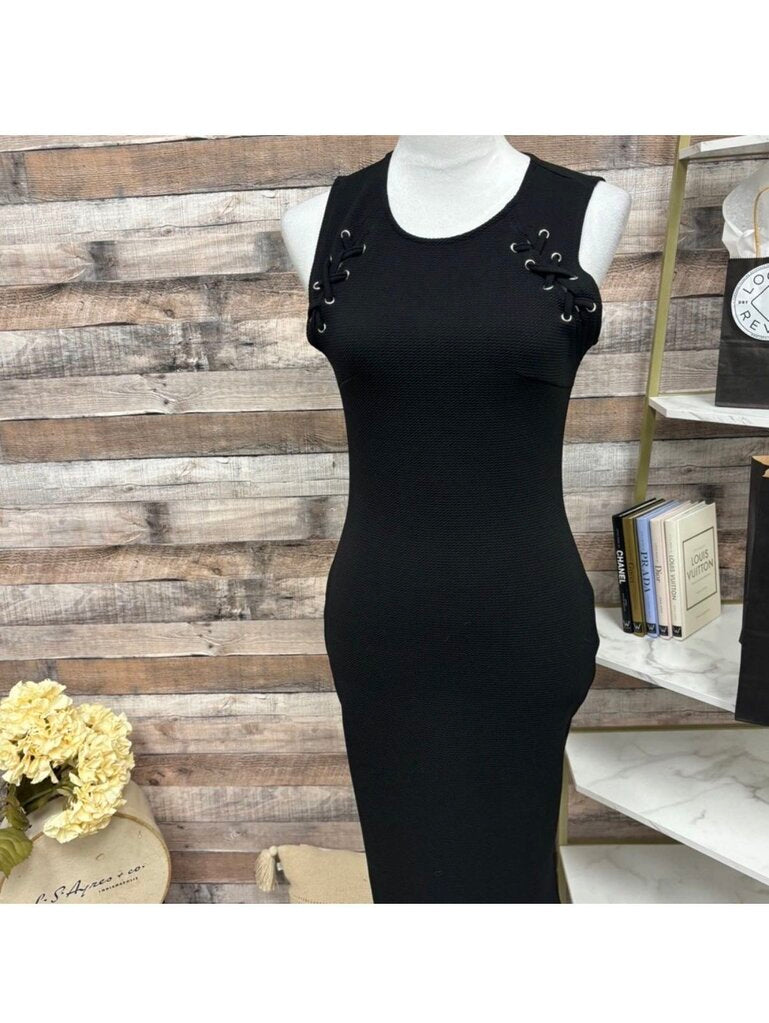Almost Famous Black Textured Knit Bodycon Dress with Lace-up Detail