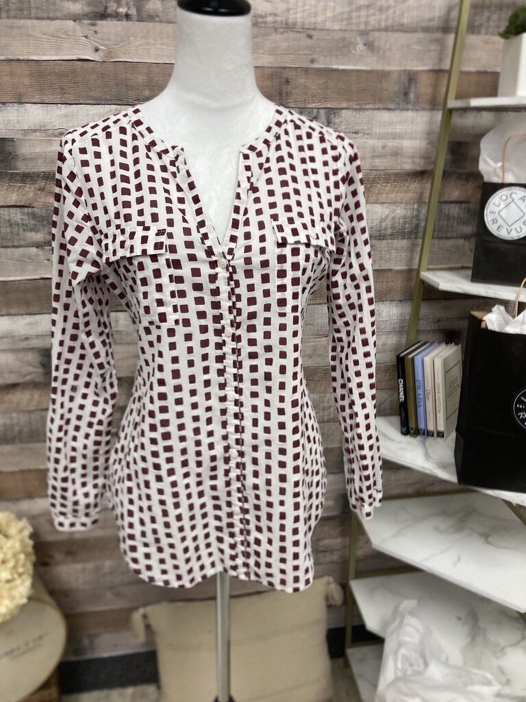 Loft White & Maroon Geometric Print Button-Down Blouse
