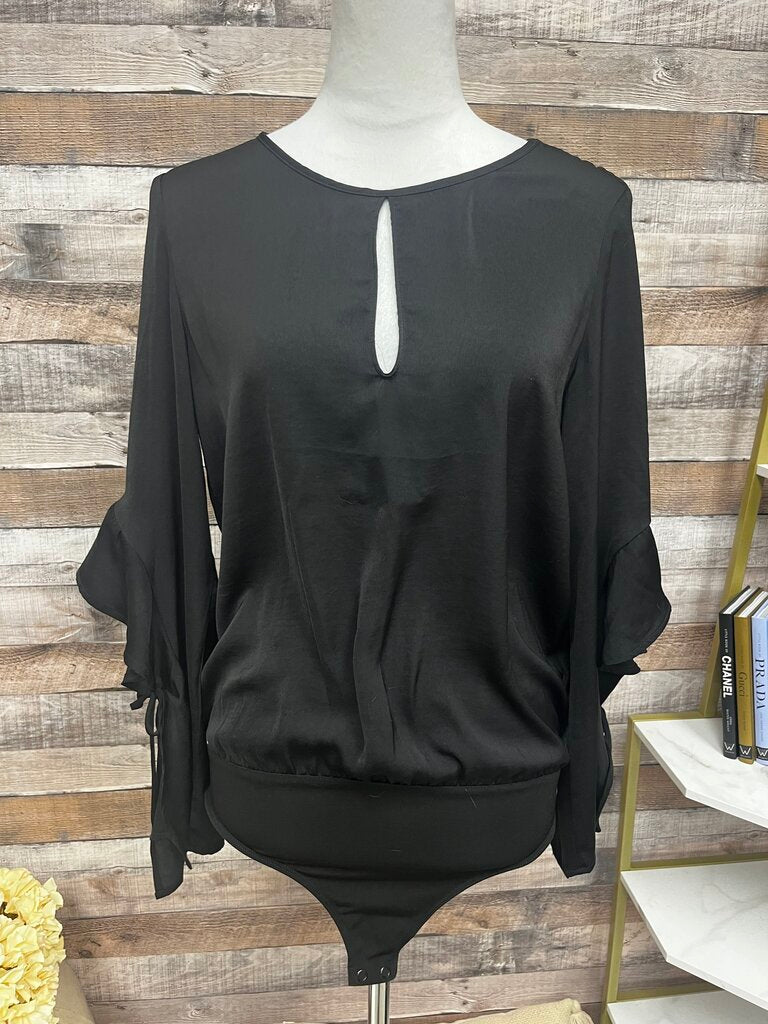 Express Black Ruffle Tie Sleeve Bodysuit with Keyhole Detail
