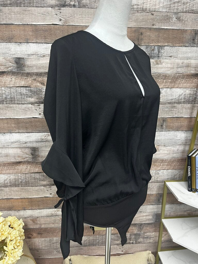 Express Black Ruffle Tie Sleeve Bodysuit with Keyhole Detail
