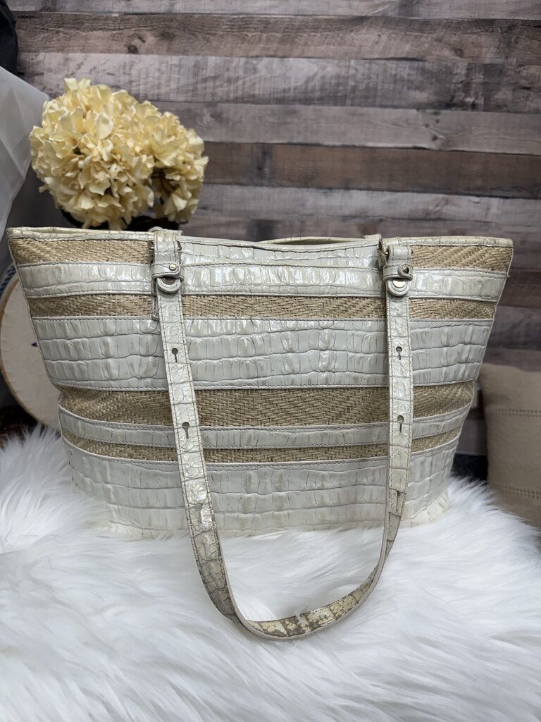 Brahmin Ivory Leather Asher Striped Tote w/Duster