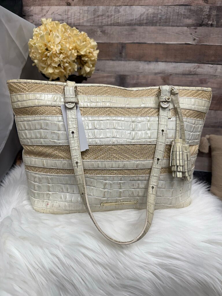 Brahmin Ivory Leather Asher Striped Tote w/Duster