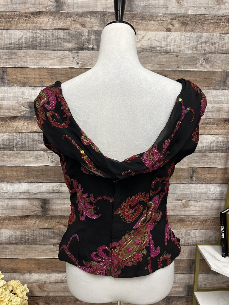 Andretta Donalello Black & Red Silk Beaded Cowl Neck Paisley