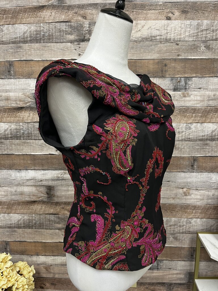 Andretta Donalello Black & Red Silk Beaded Cowl Neck Paisley
