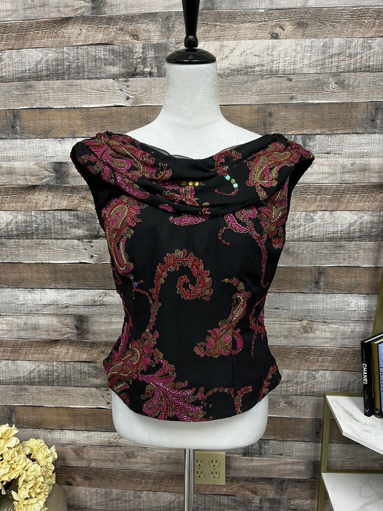 Andretta Donalello Black & Red Silk Beaded Cowl Neck Paisley