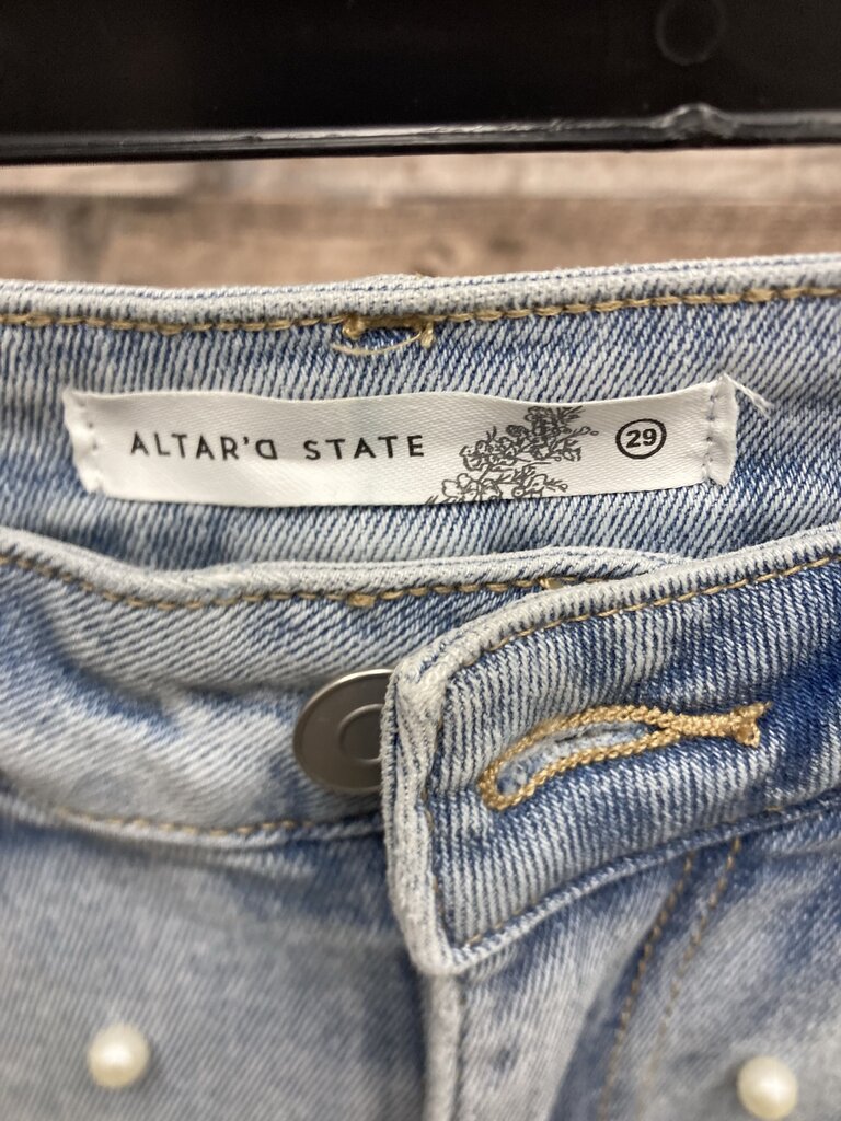 Altar'd State Pearl-Embellished Light Wash Wide-Leg Jeans
