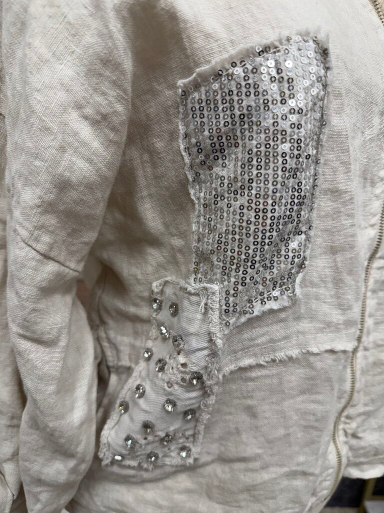 Linen Sequin & Rhinestone Embellished Zip-up Hoodie No Brand Cream NS/Med women SWEATSHIRTS/HOODIES