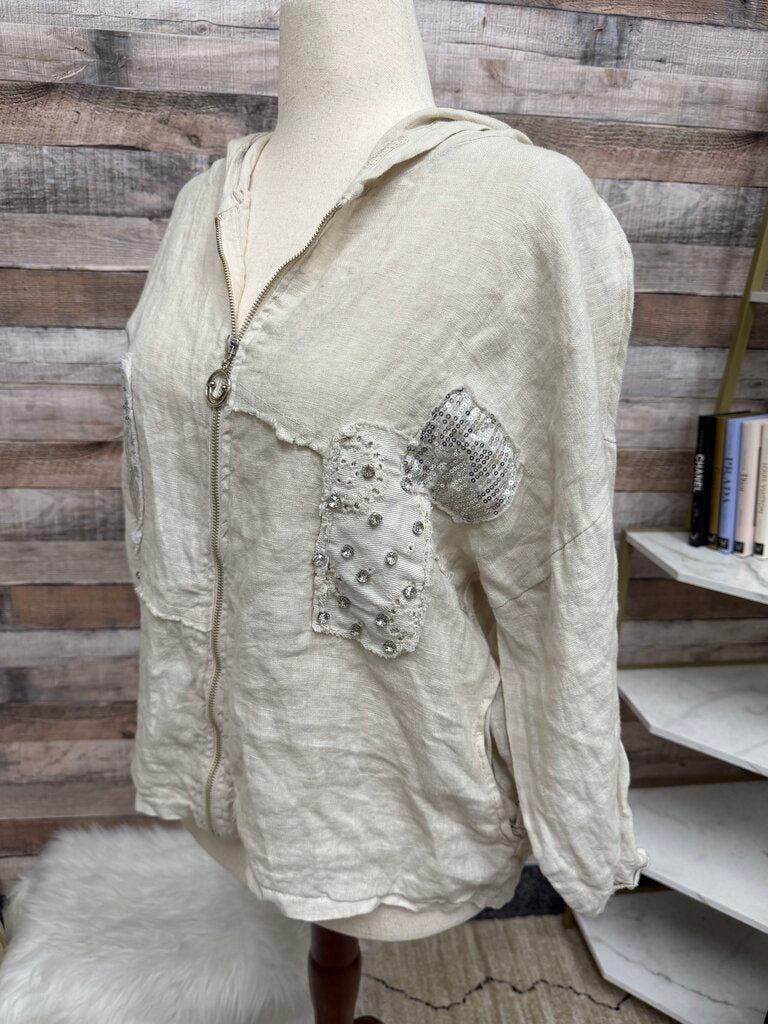 Linen Sequin & Rhinestone Embellished Zip-up Hoodie No Brand Cream NS/Med women SWEATSHIRTS/HOODIES