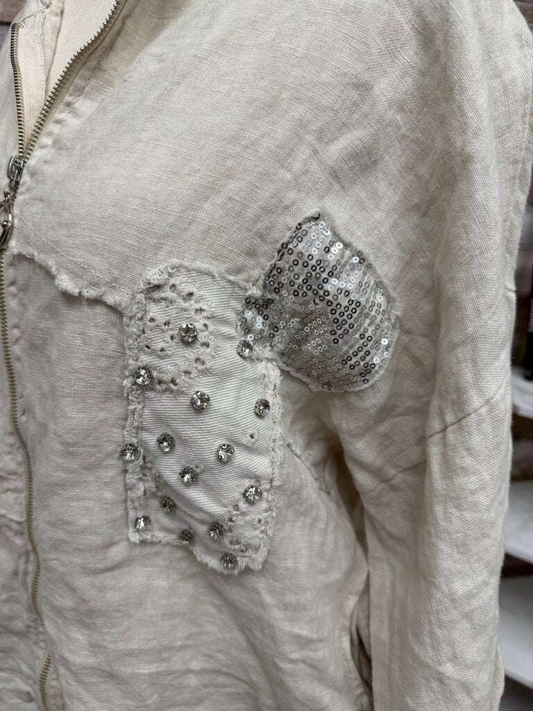 Linen Sequin & Rhinestone Embellished Zip-up Hoodie No Brand Cream NS/Med women SWEATSHIRTS/HOODIES