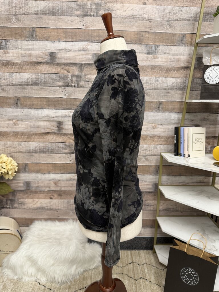 Adore Black Velvet Floral Pattern Mock Neck Long Sleeve Mesh Top