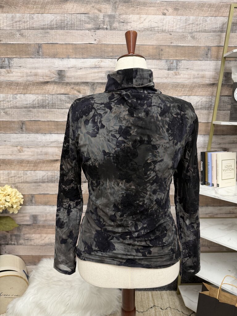 Adore Black Velvet Floral Pattern Mock Neck Long Sleeve Mesh Top