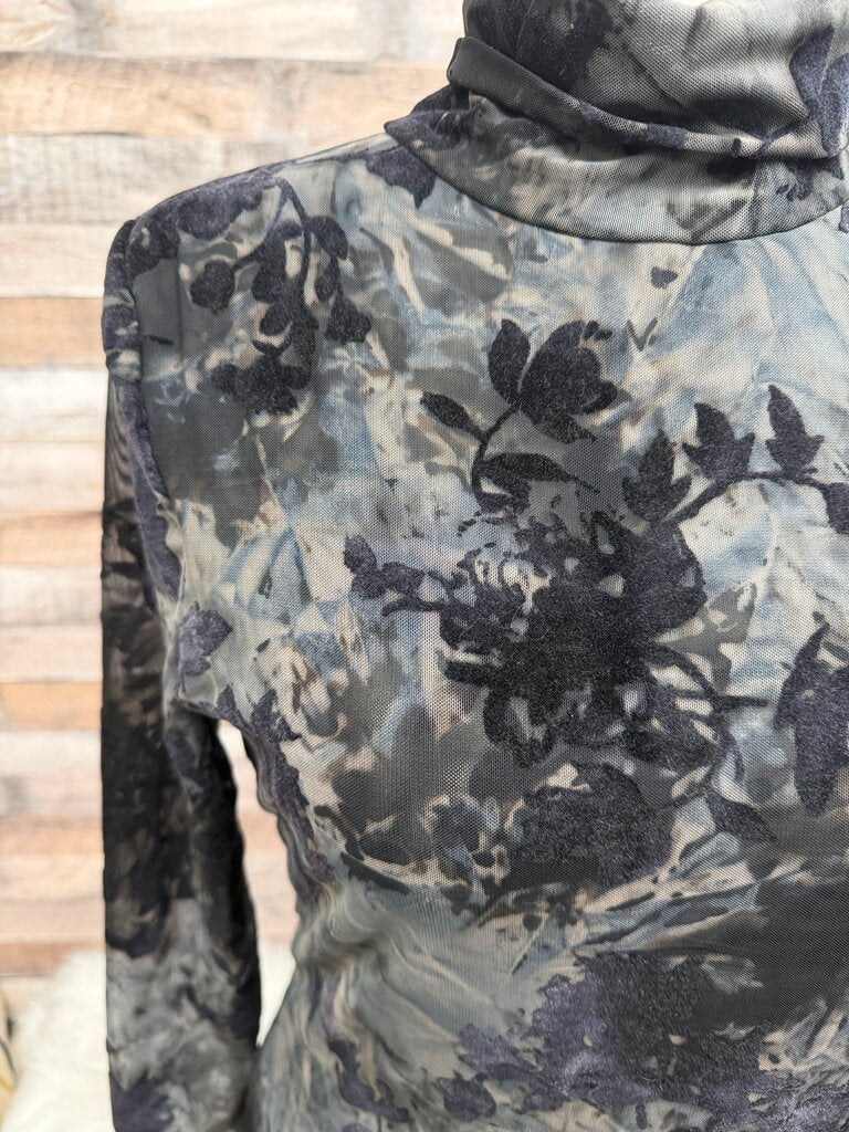 Adore Black Velvet Floral Pattern Mock Neck Long Sleeve Mesh Top
