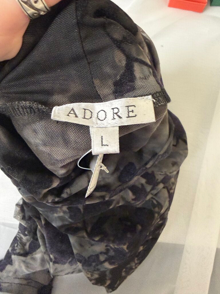 Adore Black Velvet Floral Pattern Mock Neck Long Sleeve Mesh Top