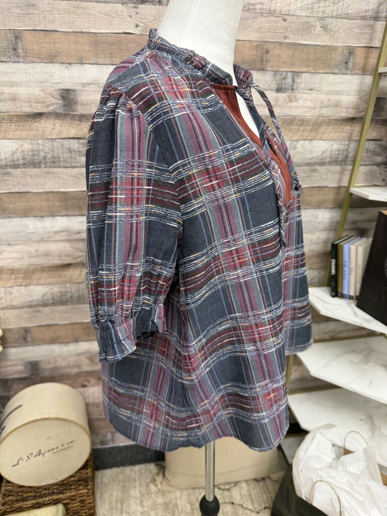 THML Plaid Ruffled Bell Sleeve V-Neck Blouse