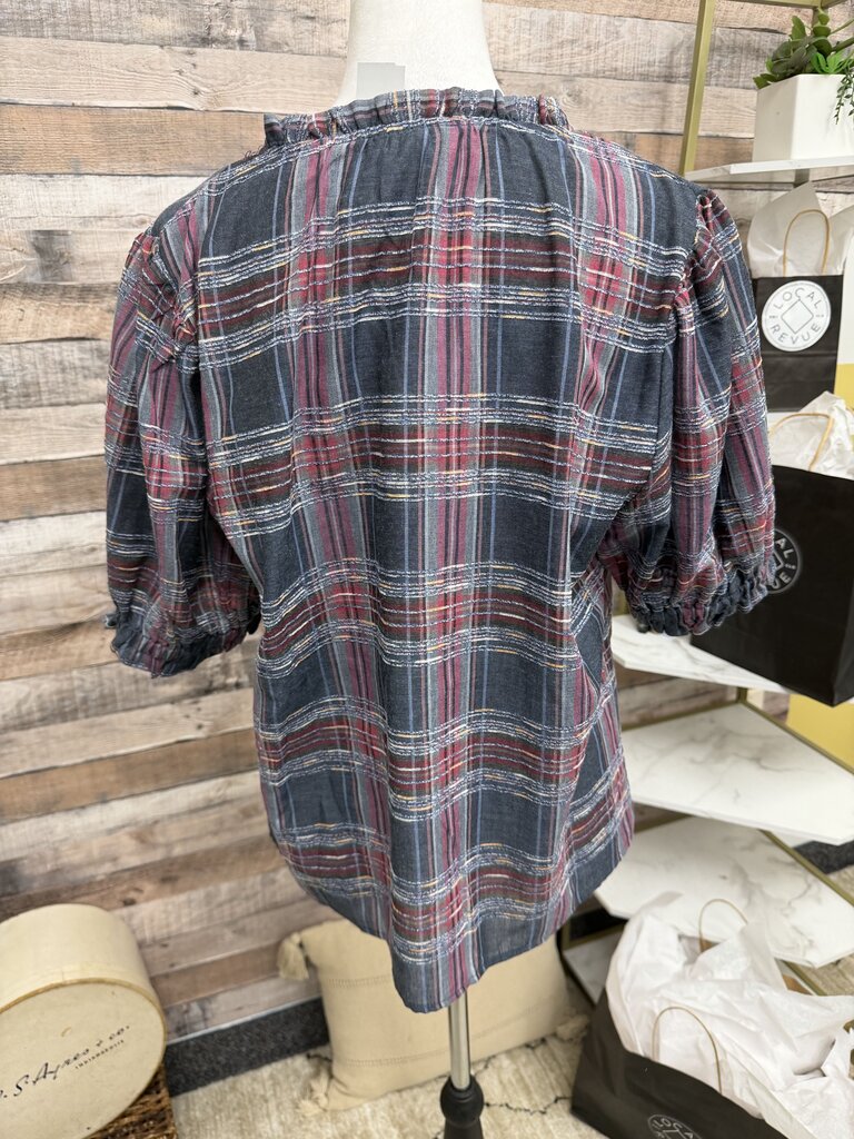 THML Plaid Ruffled Bell Sleeve V-Neck Blouse