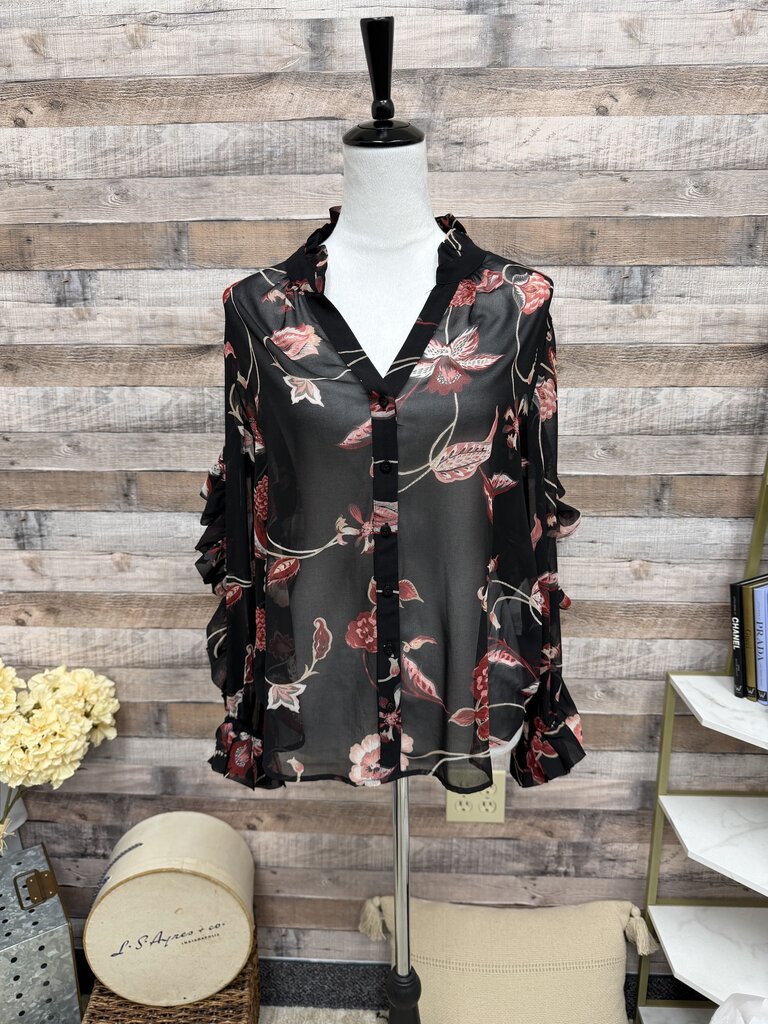 Chico's Black Floral Sheer Ruffled Long-Sleeve Top